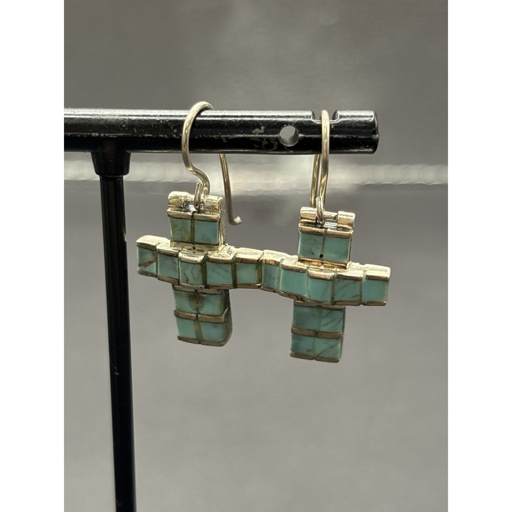 Vintage Sterling Silver Turquoise Inlay Cross Earrings 6 Gram G22